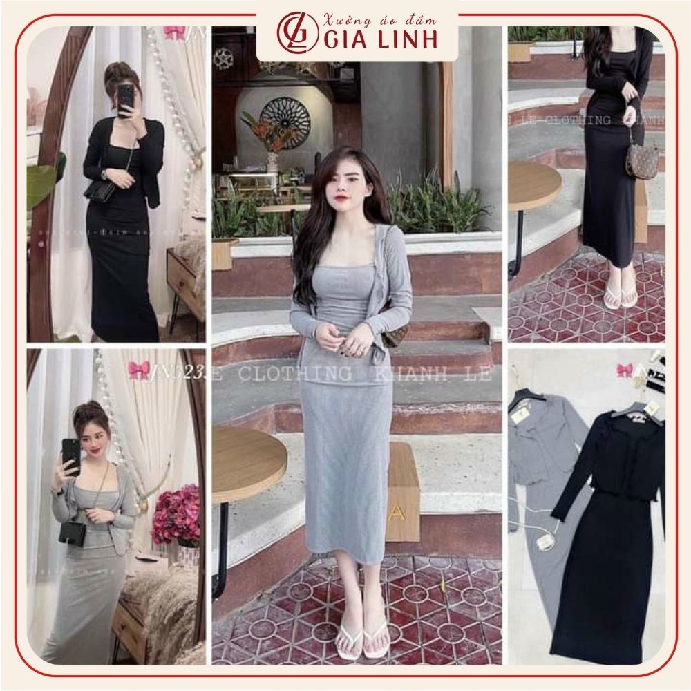 Set đầm body hai dây dáng dài kèm áo khoác chất thun mềm mịn mặc đi chơi, đi tiệc hay đi làm đều đẹp