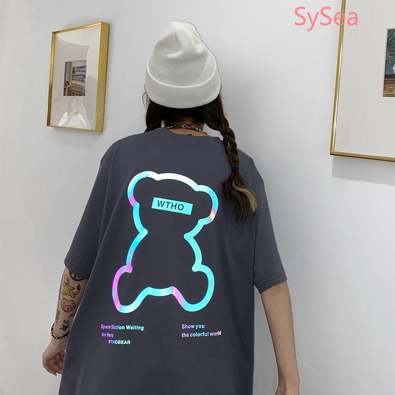 Áo Thun Cotton Tay Ngắn Dáng Rộng In Hình Gấu Phản Quang Độc Đáo Hợp Thời Trang
