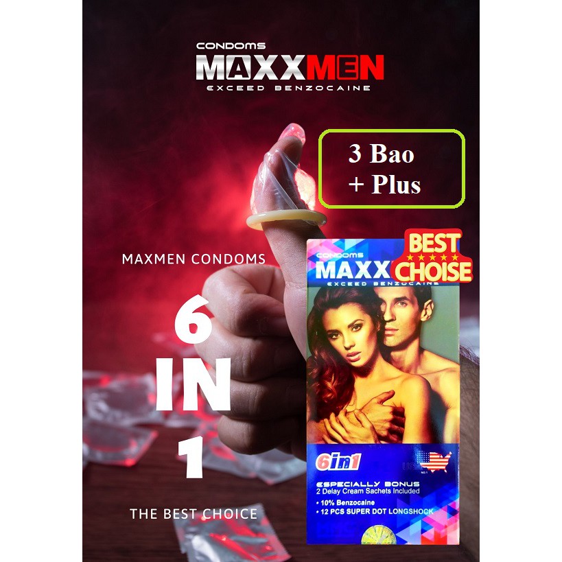 MAXXMAN 6in1 - Bao Cao Su Cao Cấp Siêu Gai Kéo Dài Trị Xuất Tinh Sớm - Hộp 3 cái Plus