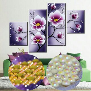Tranh đính đá 4 bức hoa 131×75cm chưa đính.