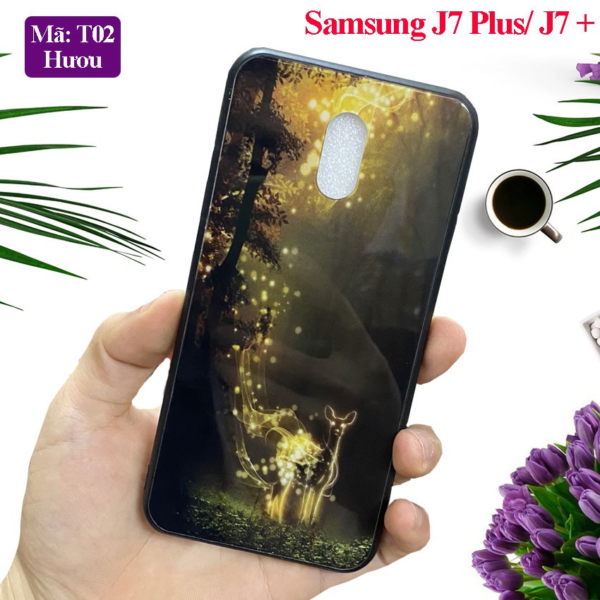 Ốp lưng Samsung J7 Plus /J7+ mặt kính cường lực sang trọng in hoa văn 3D sắc nét chống trầy xước, case op lung galaxy