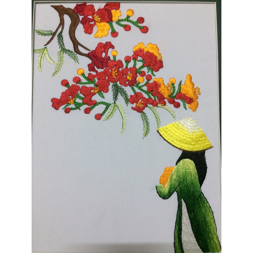 Tranh thêu tay Cô gái hoa phượng đỏ CGHP004