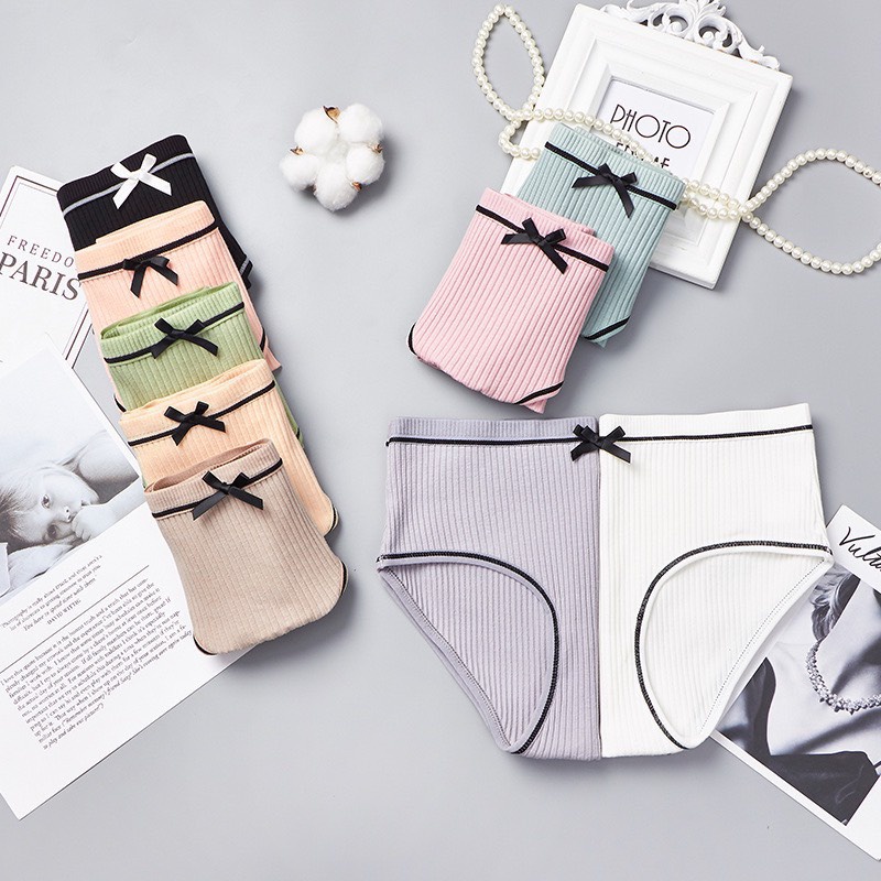 Quần Lót Cotton Tăm Viền Kẻ Phối Nơ