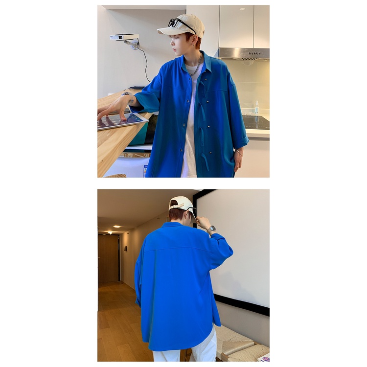 Giảm Giá Áo Sơ Mi Nam Cài Nút Tay Áo Ba Lỗ Dáng Rộng Màu Xanh Dương Phong Cách Hồng Kông Nhật Bản Thời Trang Mùa Xuân Hè