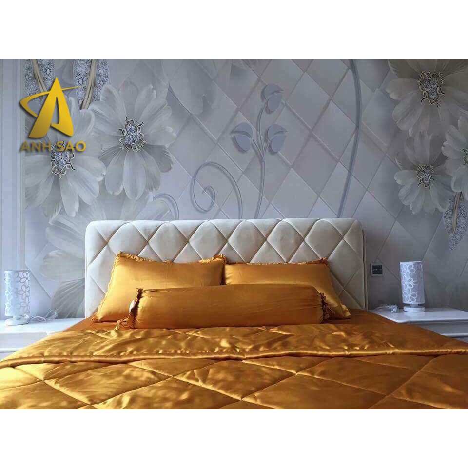 Bộ Chăn Drap Lụa Cao Cấp Ánh Sao Màu Vàng Đồng 1m6x2m/1m8x2m - Mền lồng lớp bông mỏng có chân chỉ hình thoi