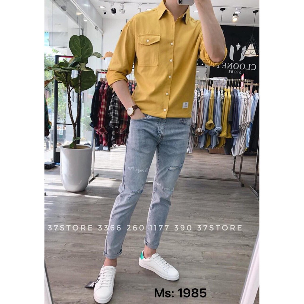 Quần jean nam xanh chất bò rách gối co giãn chữ nổi thời trang cao cấp AHFASHION ms9600