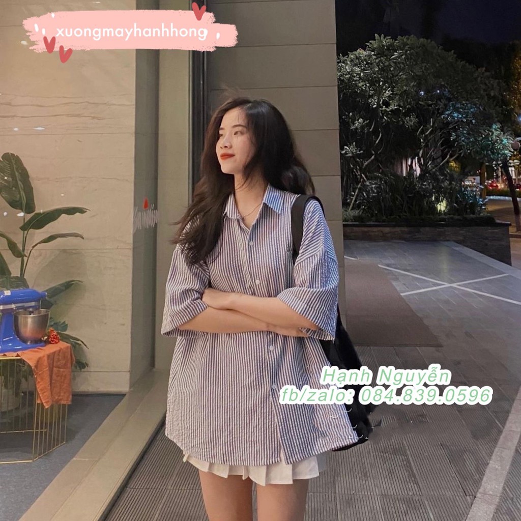 Áo sơ mi kẻ cộc tay đũi nhăn form OVERSIZE siêu rộng - Xưởng May Hạnh Hồng | BigBuy360 - bigbuy360.vn