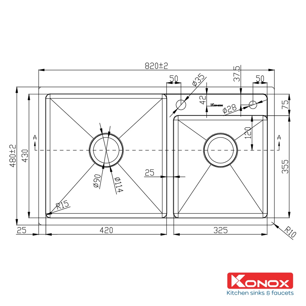 Chậu rửa bát inox KONOX Overmount Series KN8248DO, 820*480*228mm