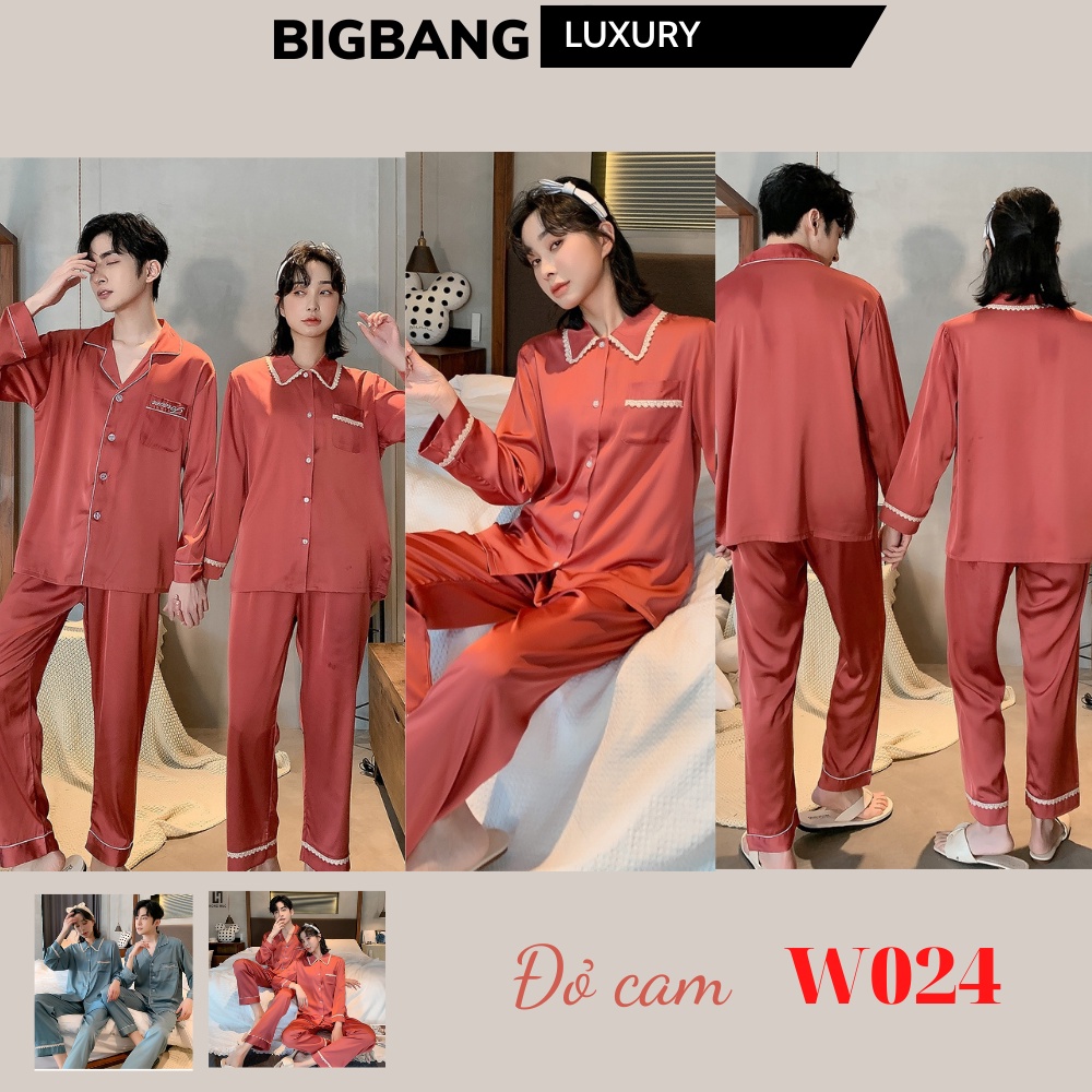 Đồ Ngủ Pijama Trơn Dài Tay Bigbang Luxury Mã 201 Đồ Mặc Nhà Nam Nữ Chất Vải Lụa Bóng