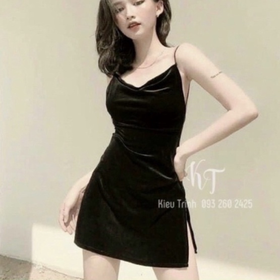 Set Đầm Nhung Nữ Body Hai Dây Cổ Đổ Hở Lưng Kèm Áo Khoác