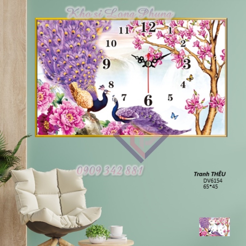 Tranh thêu Chữ thập ( giá sỉ) Đồng hồ chim công Dv6154 (65*45 cm) chưa thêu