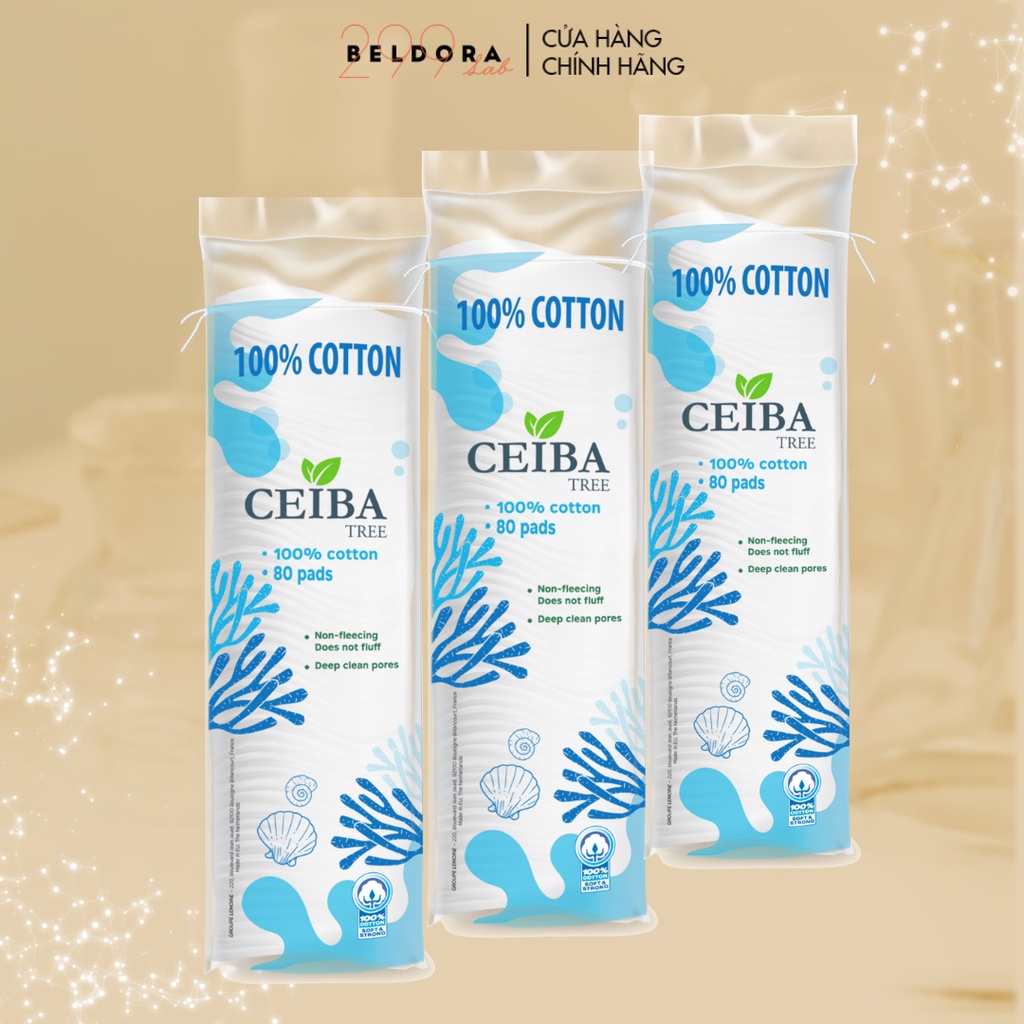 Combo 3 Bông Tẩy Trang Cotton Beldora Ceiba Siêu Tiết Kiệm Dung Dịch 80 Miếng x3