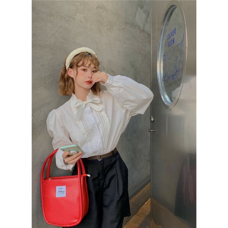 [Ảnh thật] Áo sơ mi cổ tròn viền bèo thắt nơ tay phồng ulzzang