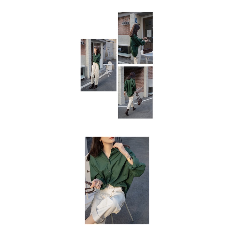 Áo sơ mi tay dài màu xanh lá phong cách retro thời trang mùa xuân 2021 cho nữ