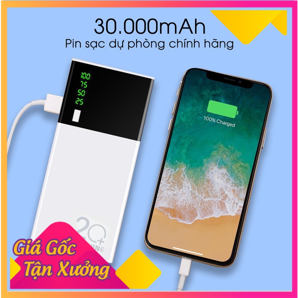 Sạc Dự Phòng 30000mAh Tích Hợp Sạc Nhanh Fast Charge Mặt Kính hiển thị pin. 2USB Có Đèn nhỏ gọn siêu tiện lợi |Giah