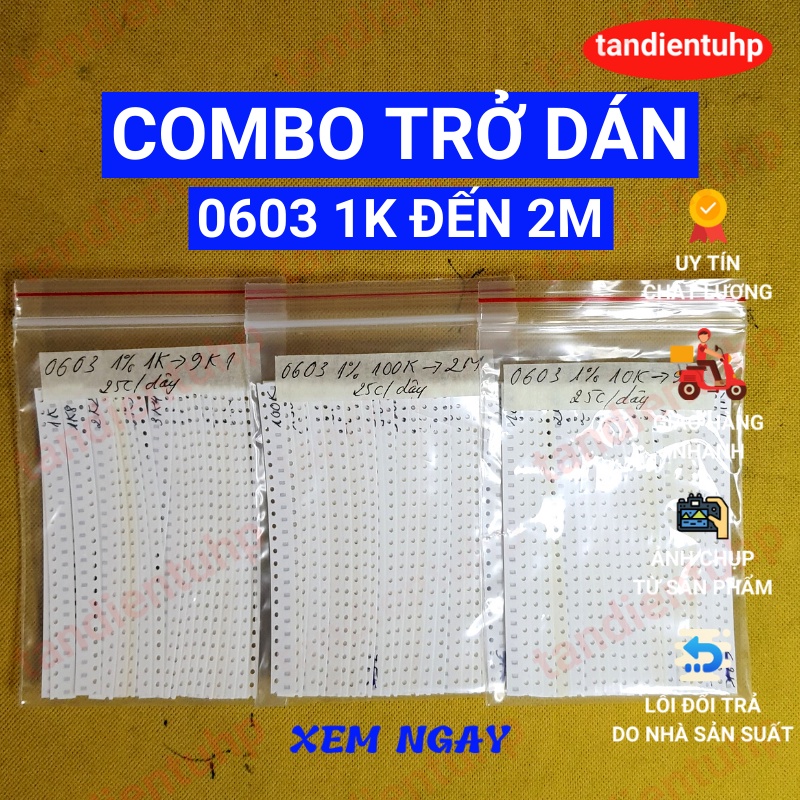 COMBO TRỞ DÁN 0603 1% 63 MÃ TỪ 1K ĐẾN 2M TỔNG 1575 CHIẾC