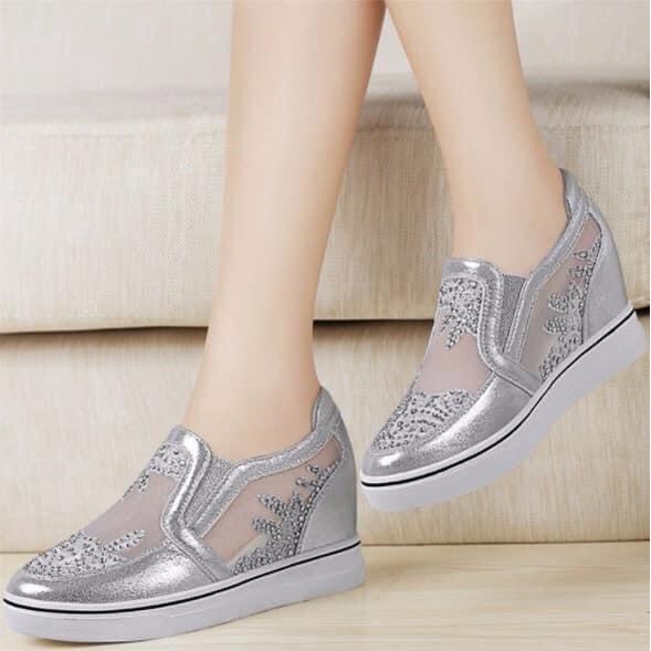 G1208 Xả kho giày lười nữ độn gót 6cm da thật phối lưới hàng nhập