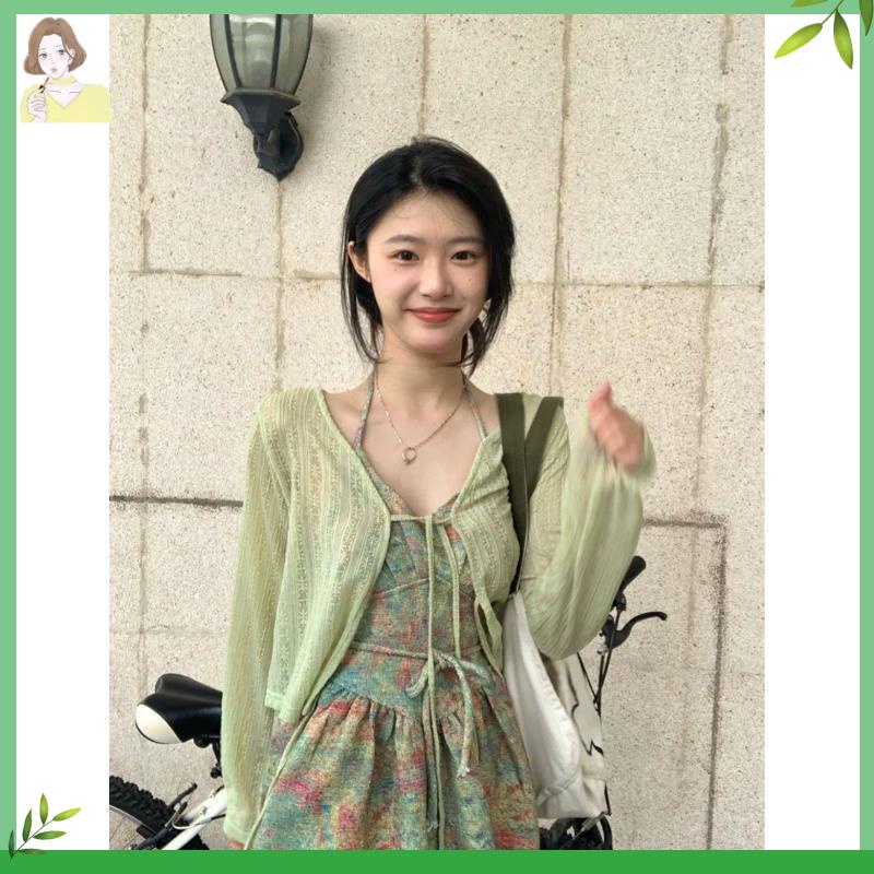 áo croptop cardigan Áo Khoác Cardigan Dệt Kim Mỏng Tay Dài Cổ Chữ v Màu Xanh Lá Thời Trang Mùa Hè Cho Nữ