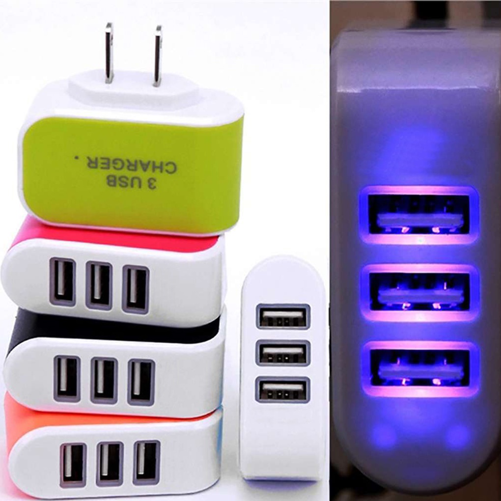 Củ sạc màu kẹo 3 lỗ cắm USB đầu cắm US cho sạc tường khóa AC 110-220V 5V
