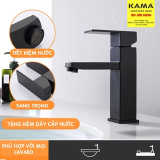Vòi lavabo vuông nóng lạnh đen KAMA VC11, Vòi inox 304 sơn tĩnh điện, tặng kèm dây cấp nước nóng lạnh - HÀNG CHÍNH HÃNG.