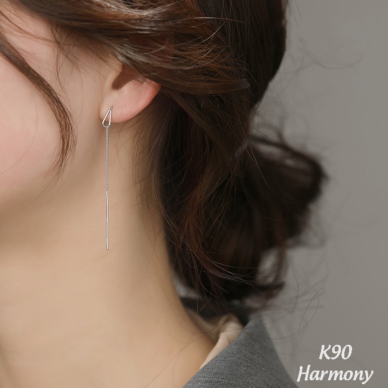 Bông tai, khuyên tai nữ bạc cao cấp xỏ móc dài mảnh nhỏ hình sợi xinh xắn, độc đáo, cá tính K90| TRANG SỨC BẠC HARMONY