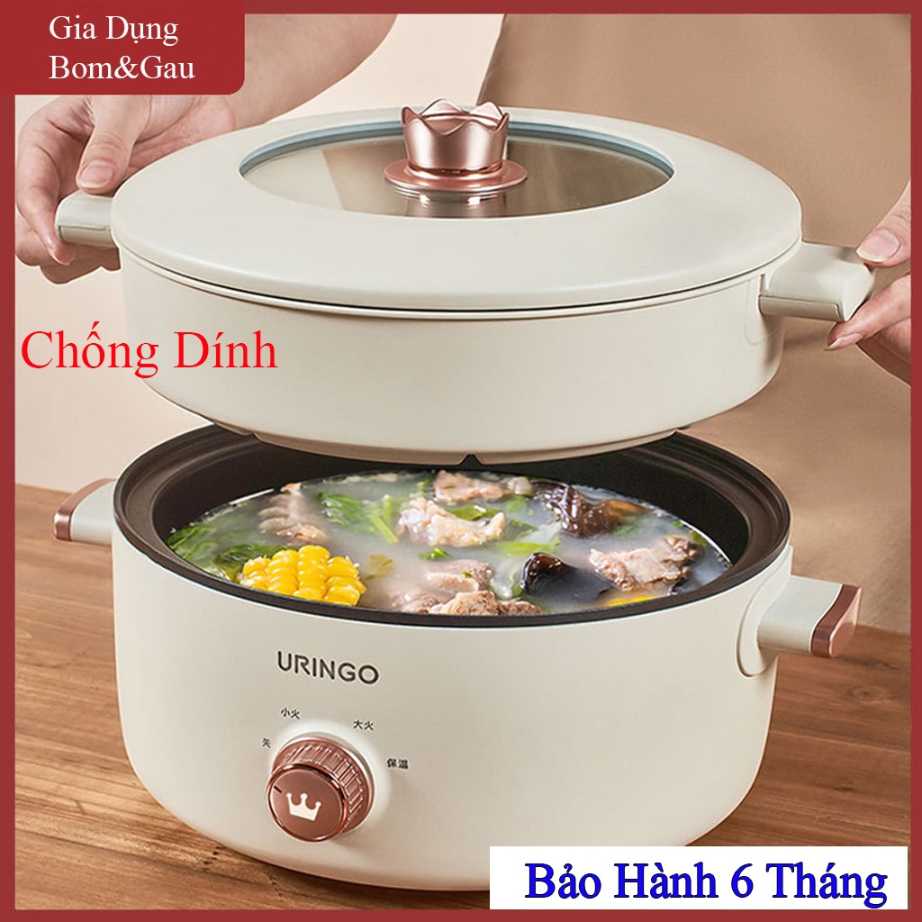 Nồi lẩu mini cắm điện đa năng kèm khay hấp cao cấp, tay cầm cách nhiệt, lớp chống dính teflon