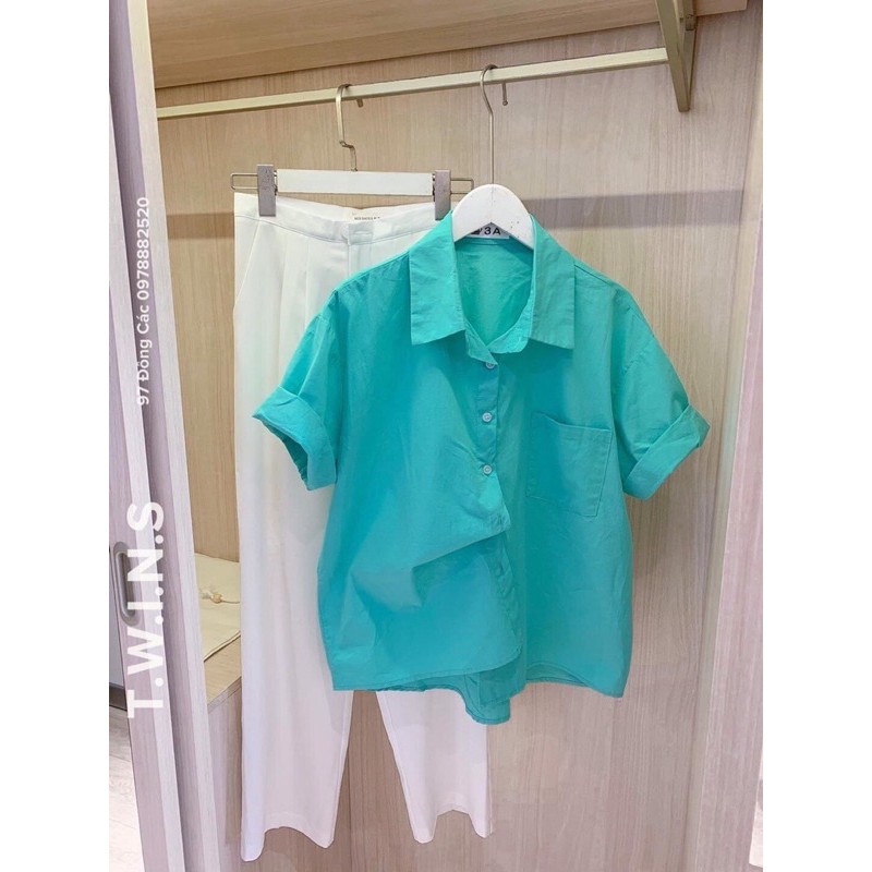 set bộ và áo sơ mi gu xanh tay dơi gấp mi gấu siêu hot