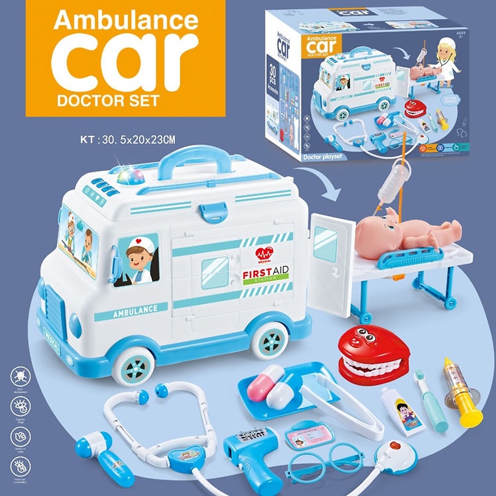 Đồ chơi bác sĩ xe cứu thương đèn nhạc, đồ chơi bác sĩ hướng nghiệp nhập vai giao dục cho bé