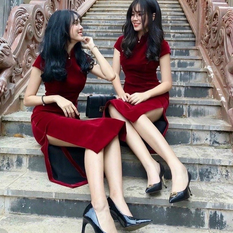 Sườn xám cách tân nhung đính hạt trai m92 | BigBuy360 - bigbuy360.vn