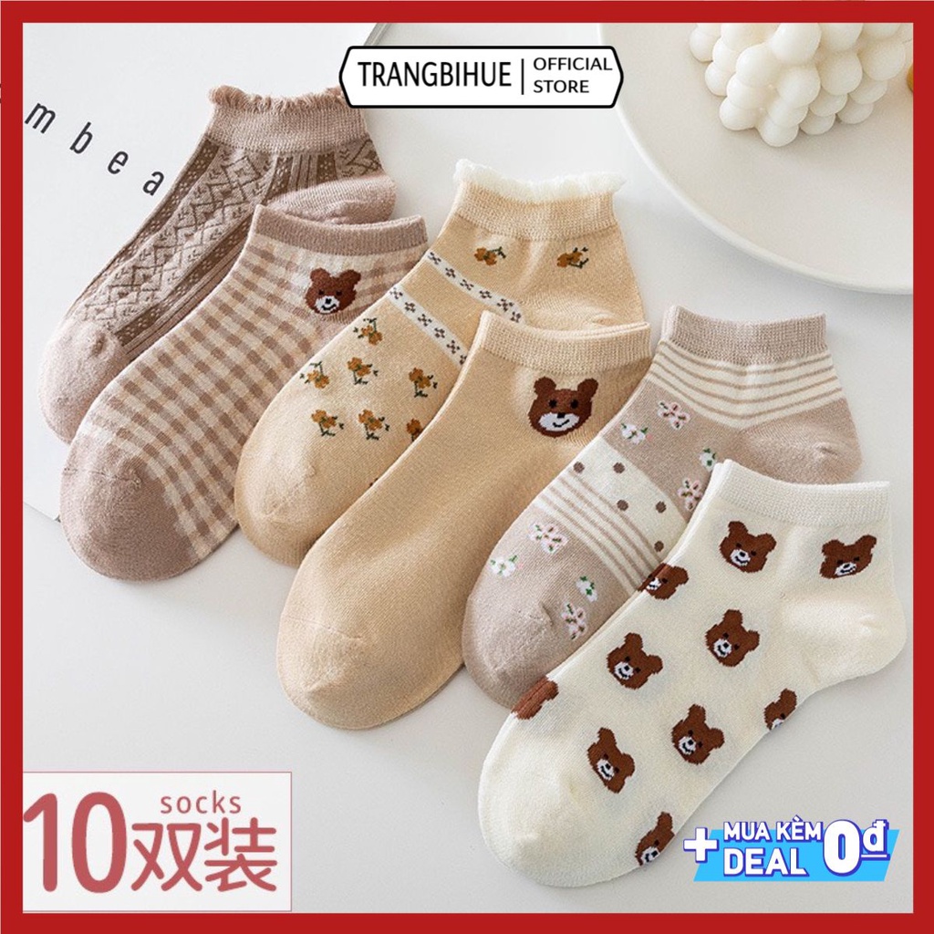 Tất gấu cổ ngắn họa tiết Brown tặng kèm túi đựng - TG10