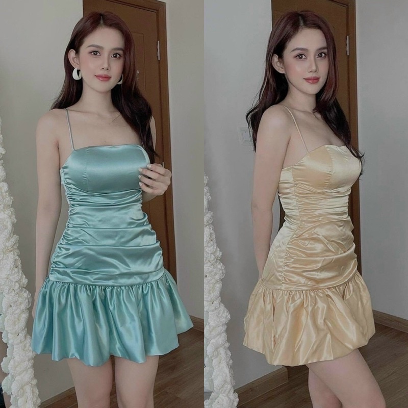 Đầm phi lụa nhún đuôi cá 2 dây xanh/da, váy ngắn ôm body sang trọng quyến rũ gợi cảm, thời trang đi chơi dự tiệc