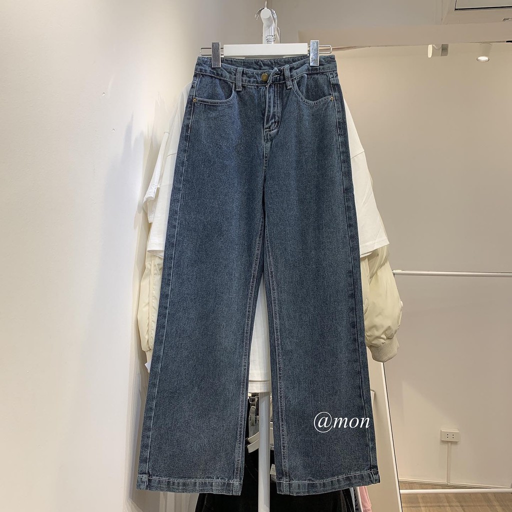 2101347 Quần jeans nữ quần ống rộng dáng suông ulzzang màu xám xanh có size | BigBuy360 - bigbuy360.vn
