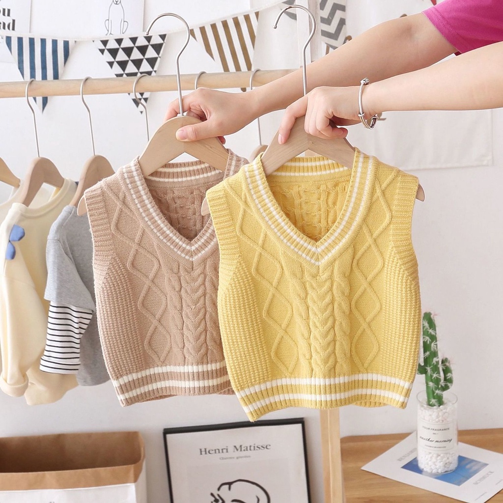 (MỚI) Áo sát nách dệt kim cổ chữ V phong cách Hàn Quốc cho bé