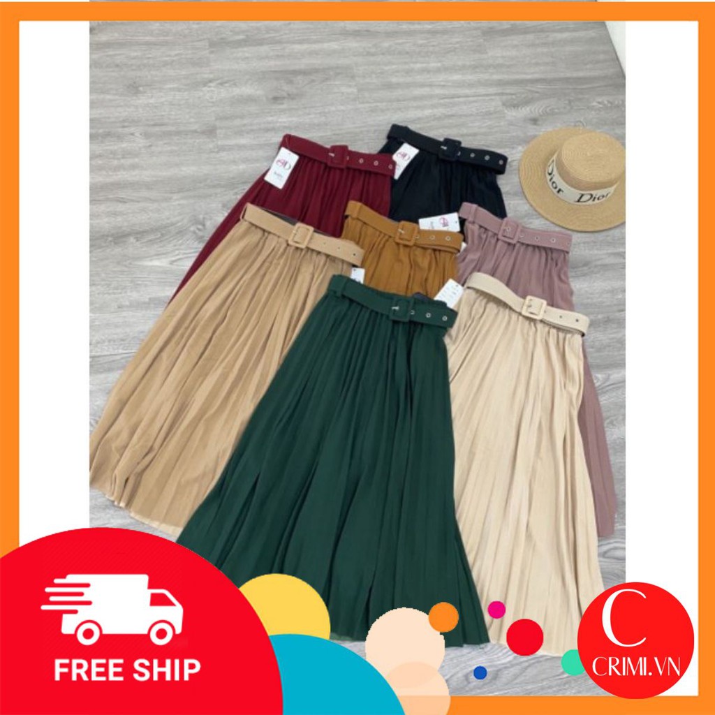 Chân váy xếp ly kèm đai váy midi ulzzang vintage dáng công sở lưng cao màu Da/Đen/Vàng/Hồng/Be Sữa/Đỏ/Ghi Chì Freesize | BigBuy360 - bigbuy360.vn