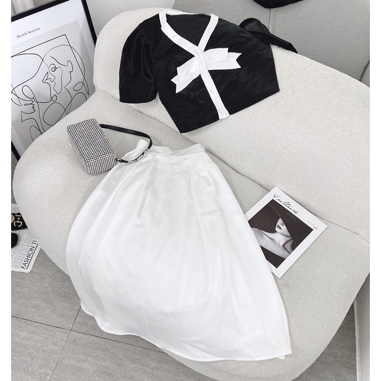 SET ÁO CROPTOP VIỀN NƠ TRẮNG + CHÂN VÁY MIDI TRẮNG