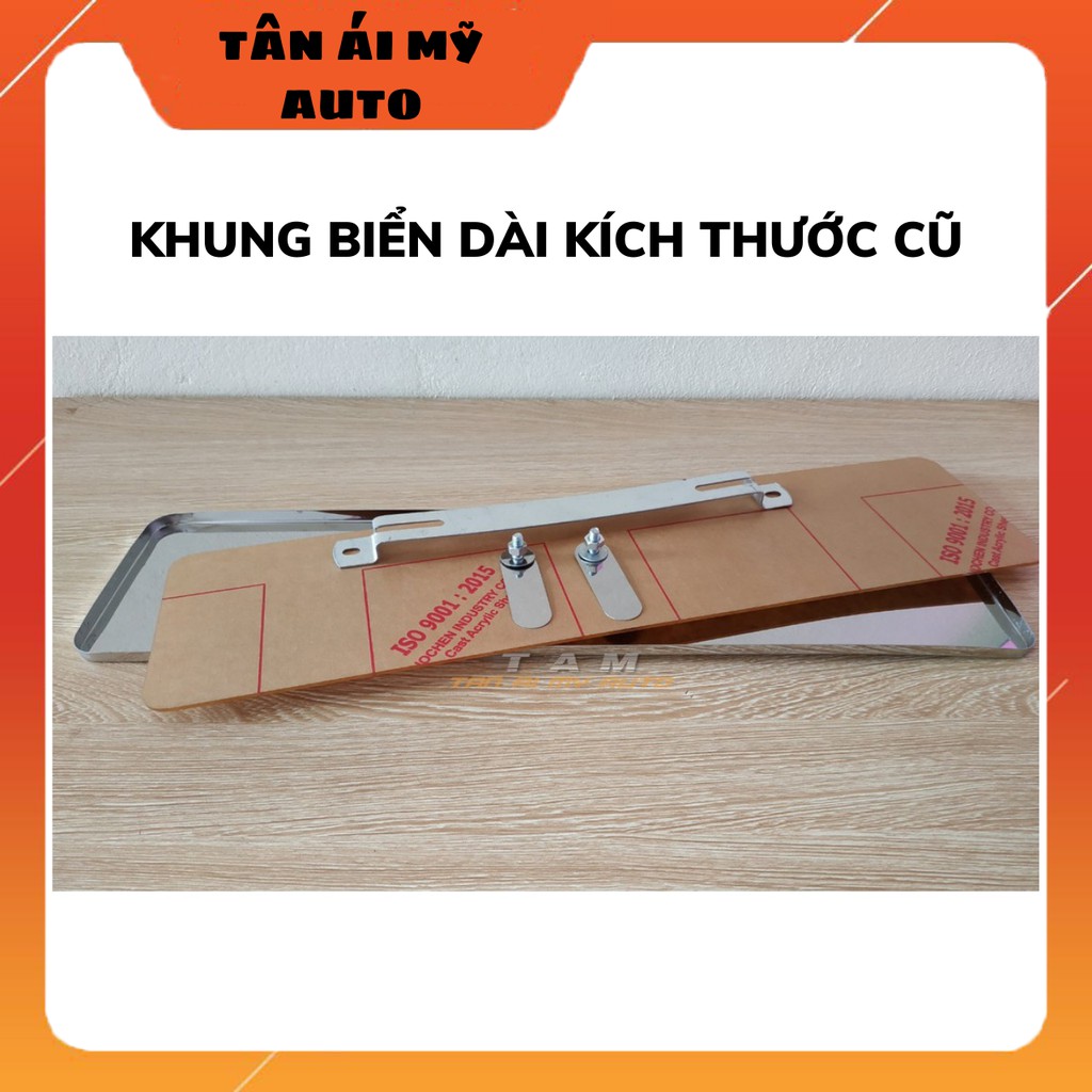 Khung inox biển số xe ô tô gò viền mép, khung biển dài có tấm nhựa mica