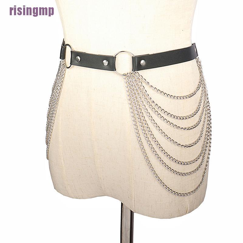 Thắt Lưng Da Màu Đen Phối Dây Xích Phong Cách Gothic