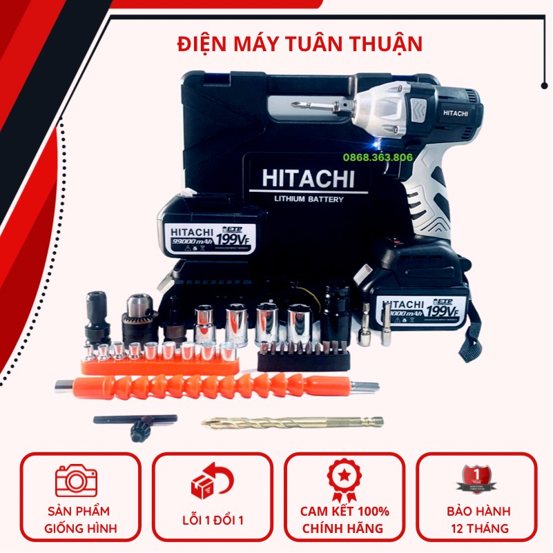 Máy Siết bulong, khoan pin, bắn vít, bắn tôn Hitachi 3 chức năng Pin chuẩn 10 Cell