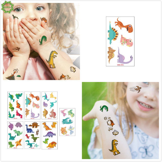 Hình xăm dán tạm thời Qipin họa tiết khủng long xinh xắn chống thấm nước dành cho bé