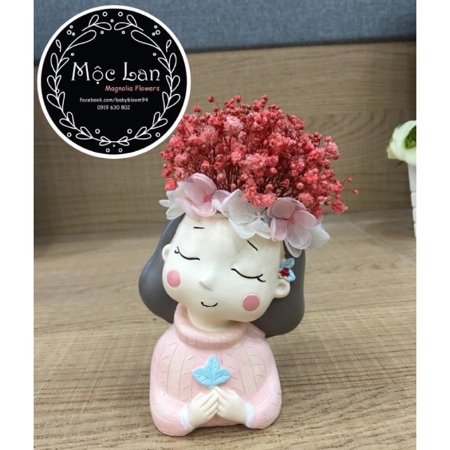 Lọ hoa baby tươi ướp vĩnh không tàn cửu phối cẩm tú cầu hình cô gái