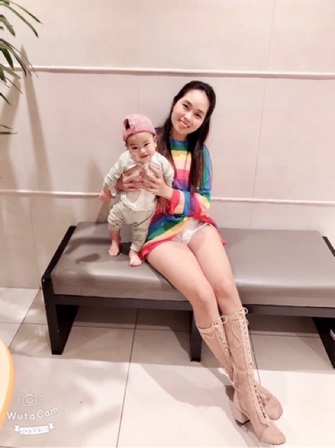 Bốt lưới đùi gót 7cm  sẵn be đen da lộn dưới gối