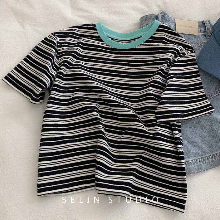 SUXI Áo Thun Ngắn Tay Cổ Tròn Họa Tiết Kẻ Sọc Đơn Giản Thời Trang Mùa Hè Dành Cho Nữ
