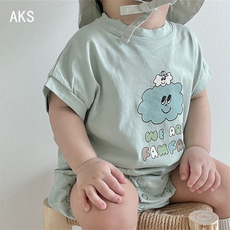 Áo Liền Quần Bằng Cotton Tay Ngắn Cổ Tròn In Hình Dễ Thương Thời Trang Mùa Hè 2022 Dành Cho Bé Trai Gái 0-2 Tuổi