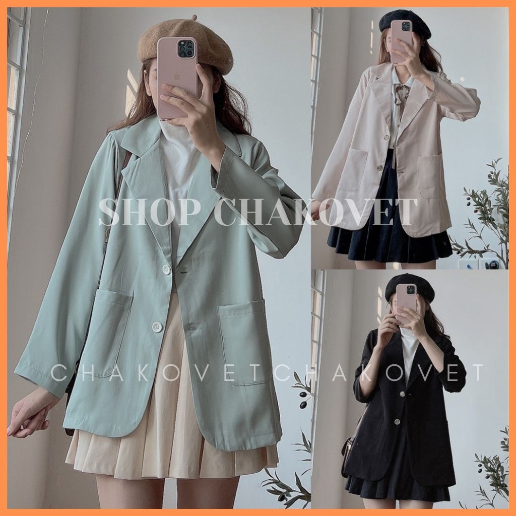 Áo khoác blazer nữ tay dài màu trơn AB895, kiểu áo blazer nữ vest nữ khoác ngoài 1 lớp 2 cúc dọc túi tròn vải chéo thái