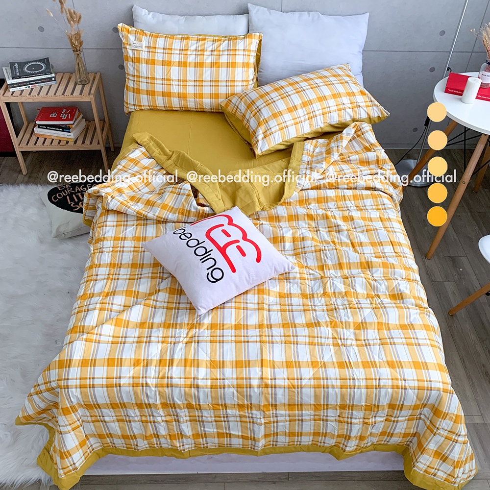 Bộ chăn ga gối Chần Bông Cotton TC REE Bedding caro vàng đủ size giường nệm CTC115