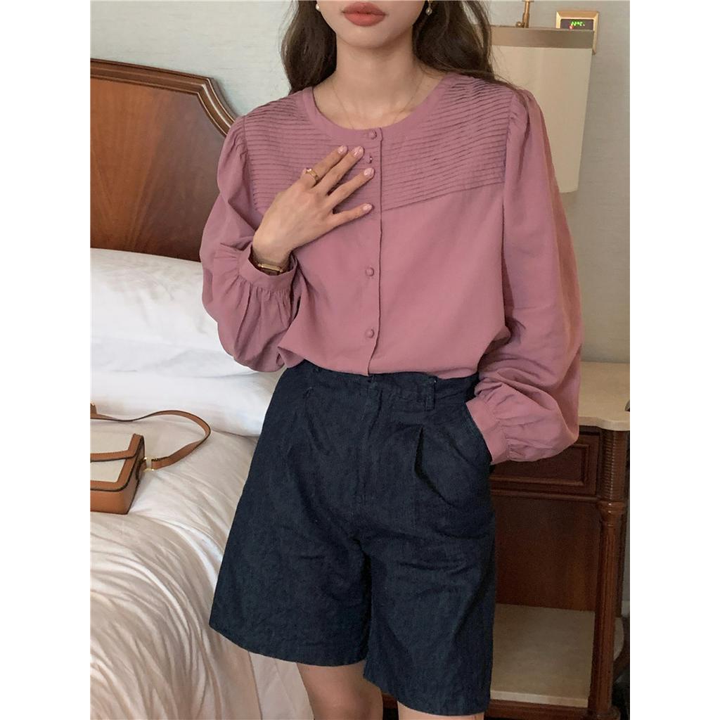 Áo Thun Dài Tay Cổ Tròn Hai Cách Mặc Trước Và Sau Lưng Thiết Kế Xếp Ly 62469