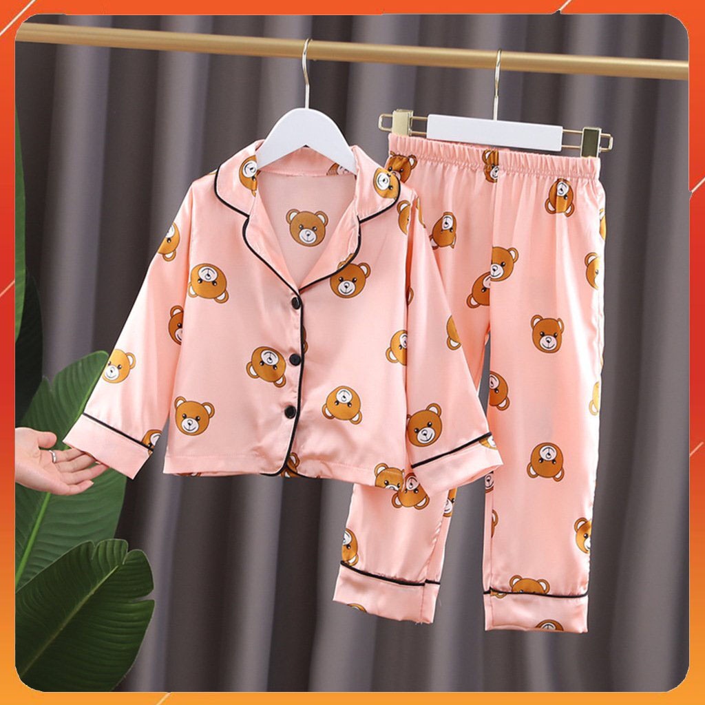 Bộ Pijama lụa dài hình gấu Hàng Cao Cấp Cực Xinh Cho Bé TRANG STORE, Bộ Đồ Ngủ thu đông  Cho Bé Trai Bé Gái Từ 6-28kg