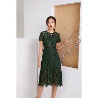 360k đầm ren dài xanh rêu