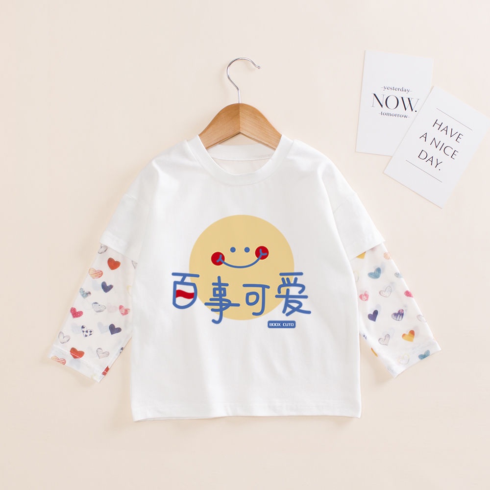 Áo Thun Tay Dài Giả Hai Lớp In Hình Mặt Cười Phong Cách Mới Cho Bé Gái