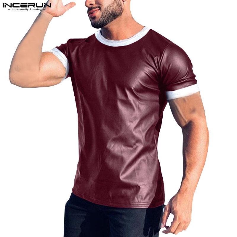 INCERUN Áo Thun Da Ngắn Tay Dáng Ôm Phối Màu Tương Phản Thời Trang Mùa Hè Cho Nam